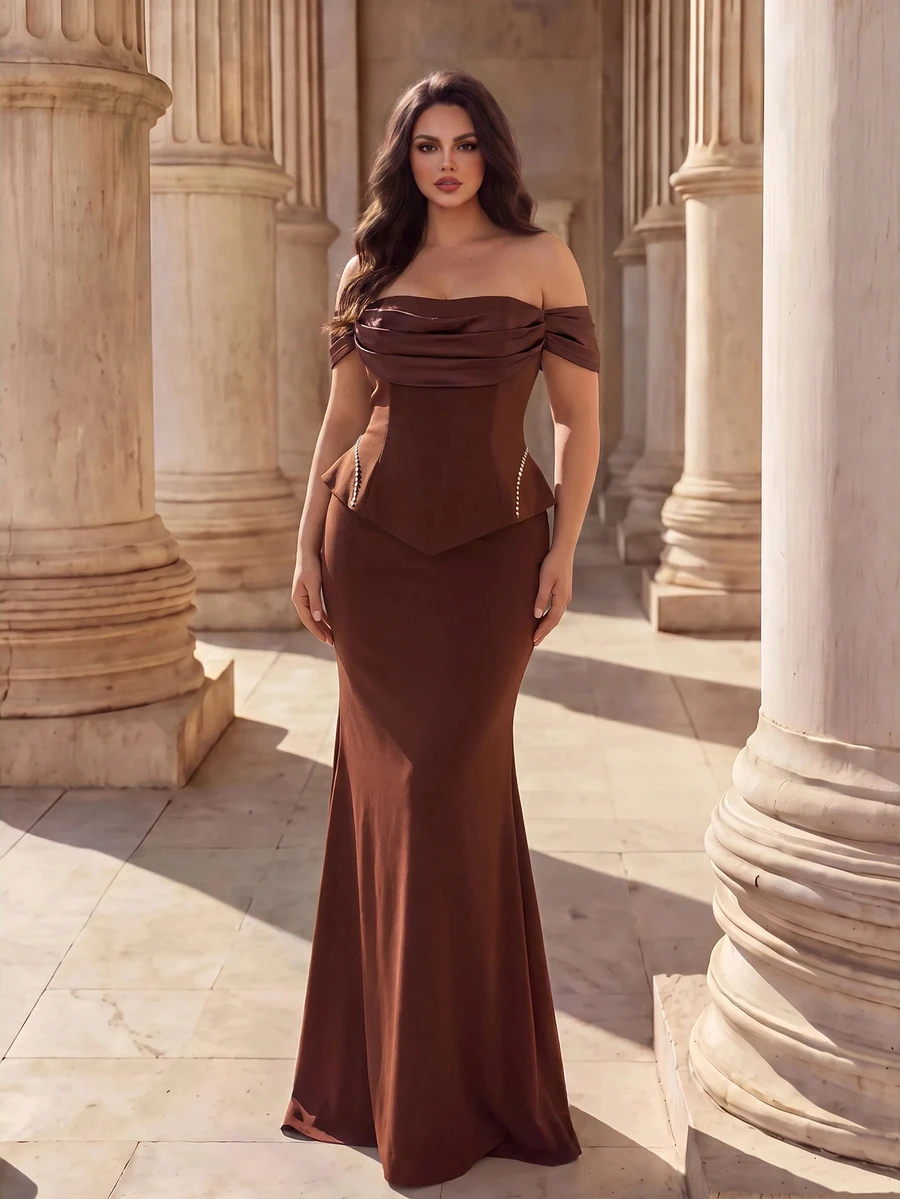Coutiva Plus Size Women Off-Shoulder Pleated Design Mermaid Hem Elegant Formal Evening Gown - Coffee Brown - View 1