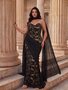 Coutiva Plus Size Women's Strapless Lace Ruffle Ribbon Design Elegant Formal Evening Gown - Black - View 6