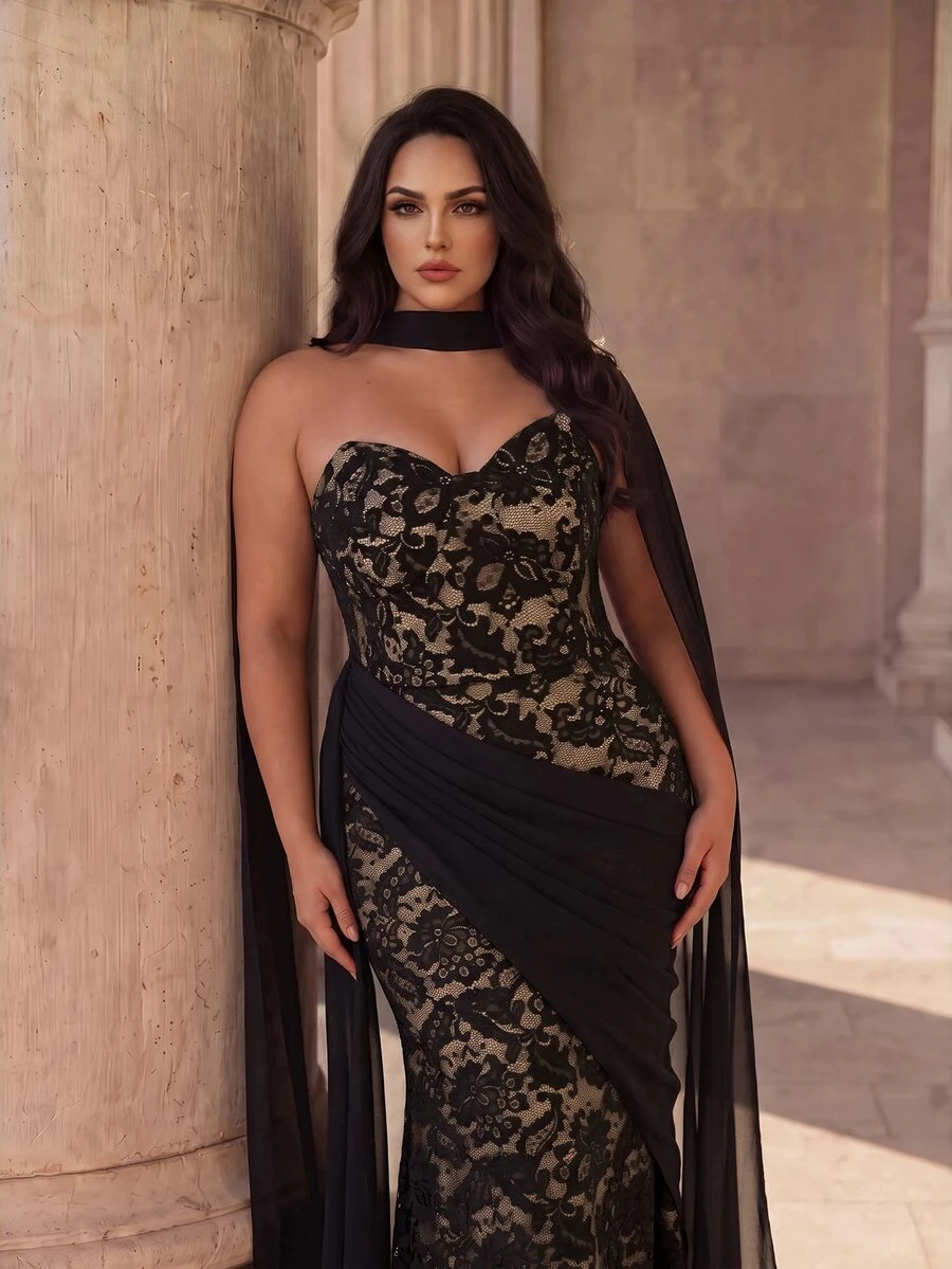 Coutiva Plus Size Women's Strapless Lace Ruffle Ribbon Design Elegant Formal Evening Gown - Black - View 1
