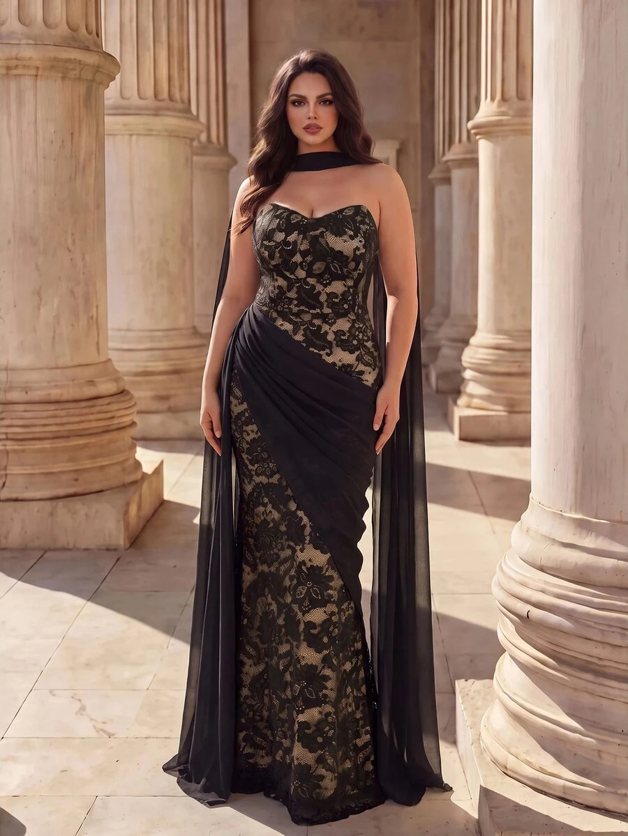 Coutiva Plus Size Women's Strapless Lace Ruffle Ribbon Design Elegant Formal Evening Gown - Black - View 1