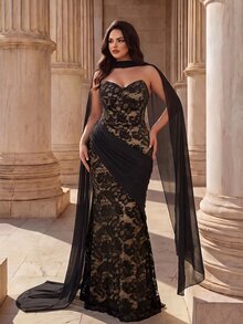 Coutiva Plus Size Women's Strapless Lace Ruffle Ribbon Design Elegant Formal Evening Gown - Black - View 5