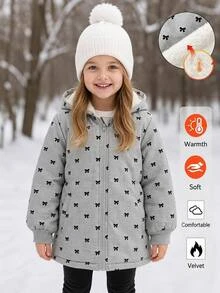 SHEIN Elladie kids 女童蝴蝶結印花抓絨內裡連帽外套，鈕扣開襟保暖加厚休閒外套，適合秋季冬季 - 灰色 - 查看 1