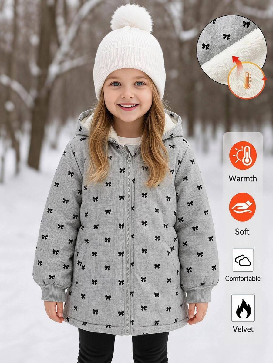 SHEIN Elladie kids 女童蝴蝶結印花抓絨內裡連帽外套,鈕扣開襟保暖加厚休閒外套,適合秋季冬季 - 灰色 - 查看 1