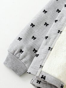 SHEIN Elladie kids 女童蝴蝶結印花抓絨內裡連帽外套，鈕扣開襟保暖加厚休閒外套，適合秋季冬季 - 灰色 - 查看 5