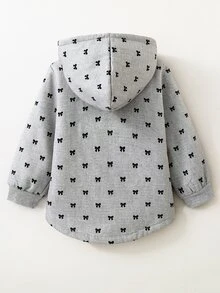 SHEIN Elladie kids 女童蝴蝶結印花抓絨內裡連帽外套，鈕扣開襟保暖加厚休閒外套，適合秋季冬季 - 灰色 - 查看 2