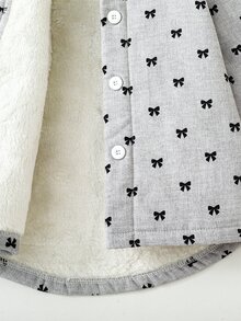 SHEIN Elladie kids 女童蝴蝶結印花抓絨內裡連帽外套，鈕扣開襟保暖加厚休閒外套，適合秋季冬季 - 灰色 - 查看 4