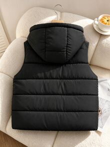 SHEIN 青少年女孩抓絨內裡連帽拉鍊冬季背心 - 黑色 - 查看 2