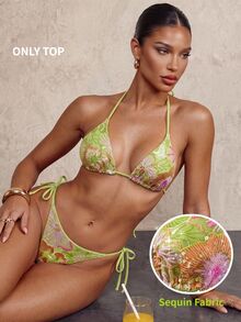 Glamine SHEIN Glamour Atasan Bikini Halter Seksi Tropis Berpayet Bunga untuk Liburan Pantai Musim Panas Wanita Warna Hijau Limau - MultiWarna - View 2