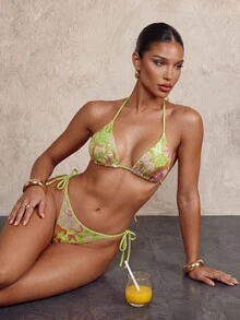 Glamine SHEIN Glamour Atasan Bikini Halter Seksi Tropis Berpayet Bunga untuk Liburan Pantai Musim Panas Wanita Warna Hijau Limau - MultiWarna - View 9