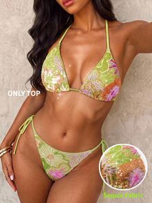 Glamine SHEIN Glamour Atasan Bikini Halter Seksi Tropis Berpayet Bunga untuk Liburan Pantai Musim Panas Wanita Warna Hijau Limau - MultiWarna - View 4