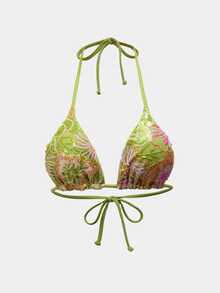 Glamine SHEIN Glamour Atasan Bikini Halter Seksi Tropis Berpayet Bunga untuk Liburan Pantai Musim Panas Wanita Warna Hijau Limau - MultiWarna - View 7