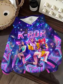 SHEIN 少女休閒可愛卡通女團印花 K-Pop 超級巨星款 厚實柔軟舒適運動衫，適合秋冬穿著 - 彩色 - 查看 1