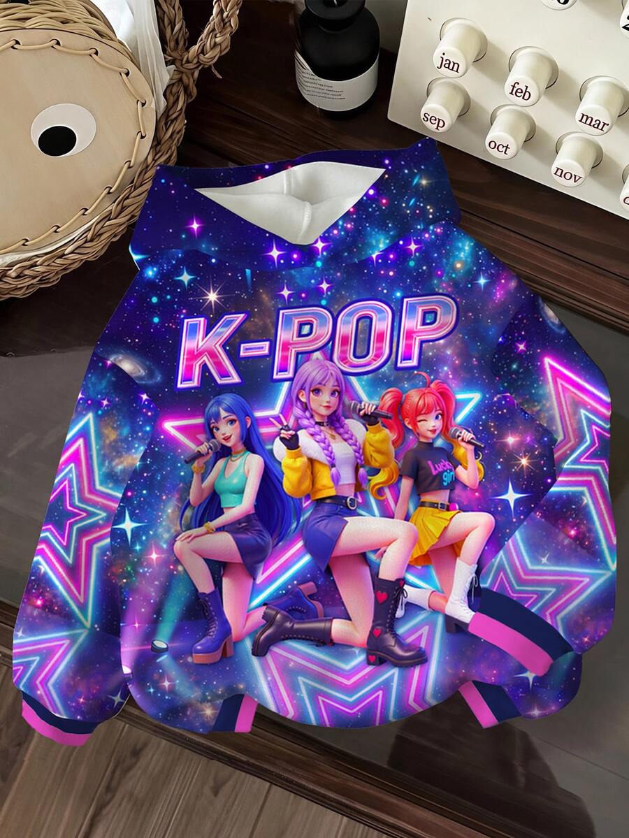 SHEIN 少女休閒可愛卡通女團印花 K-Pop 超級巨星款 厚實柔軟舒適運動衫,適合秋冬穿著 - 彩色 - 查看 1
