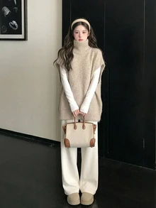 DAZY Women's Autumn/Winter High Neck Sleeveless Loose Casual Sweater - Khaki - View 3