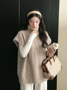 DAZY Women's Autumn/Winter High Neck Sleeveless Loose Casual Sweater - Khaki - View 11