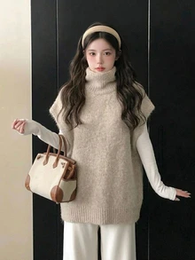 DAZY Women's Autumn/Winter High Neck Sleeveless Loose Casual Sweater - Khaki - View 4