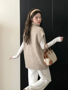 DAZY Women's Autumn/Winter High Neck Sleeveless Loose Casual Sweater - Khaki - View 5