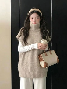 DAZY Women's Autumn/Winter High Neck Sleeveless Loose Casual Sweater - Khaki - View 8