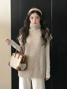 DAZY Women's Autumn/Winter High Neck Sleeveless Loose Casual Sweater - Khaki - View 6
