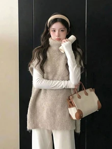 DAZY Women's Autumn/Winter High Neck Sleeveless Loose Casual Sweater - Khaki - View 7