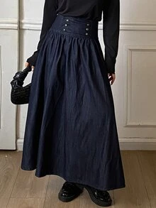 DAZY Women's Long Loose Elegant Denim Skirt Fall - Dark Wash - View 5