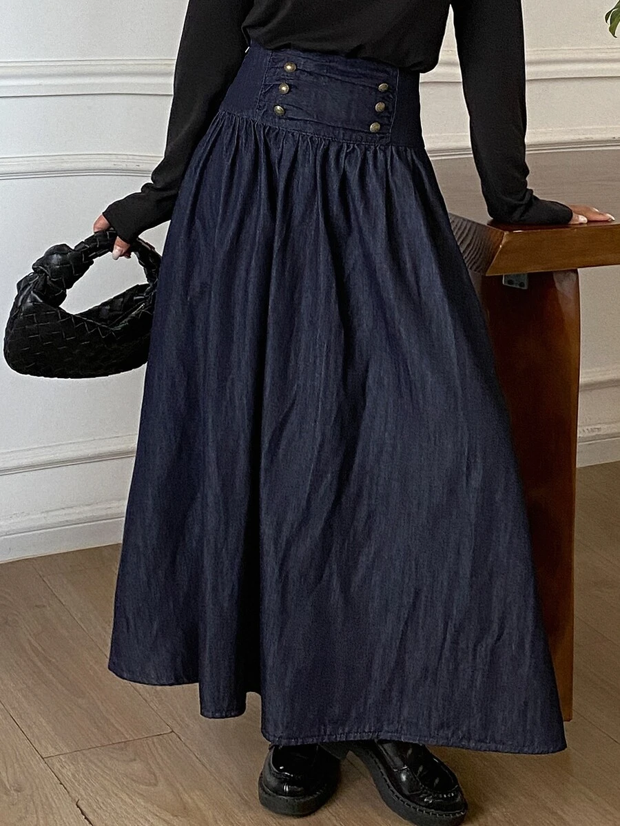 DAZY Women's Long Loose Elegant Denim Skirt Fall - Dark Wash - View 1