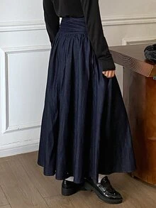DAZY Women's Long Loose Elegant Denim Skirt Fall - Dark Wash - View 6