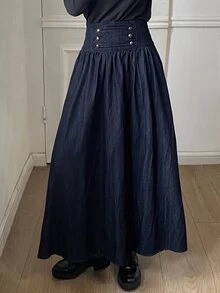 DAZY Women's Long Loose Elegant Denim Skirt Fall - Dark Wash - View 3