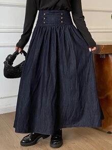 DAZY Women's Long Loose Elegant Denim Skirt Fall - Dark Wash - View 4