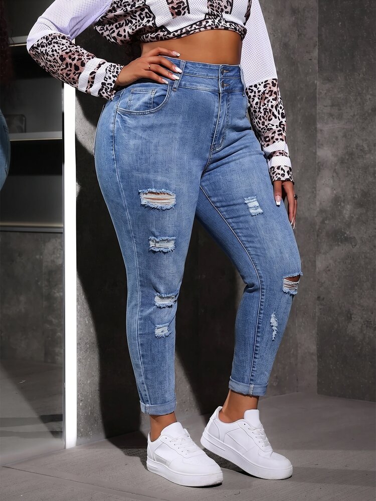 Slaydiva Plus Size Casual Grunge 90s Washed Distressed Slim Fit Jeans Light Blue Concert Date Night Outfit Back To School Christmas For Women Summer - Light Wash - View 7