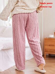 SHEIN Plus Size Cozy Warm Fleece Fluffy Sleep Bottoms, Fall Winter - Pink - View 2