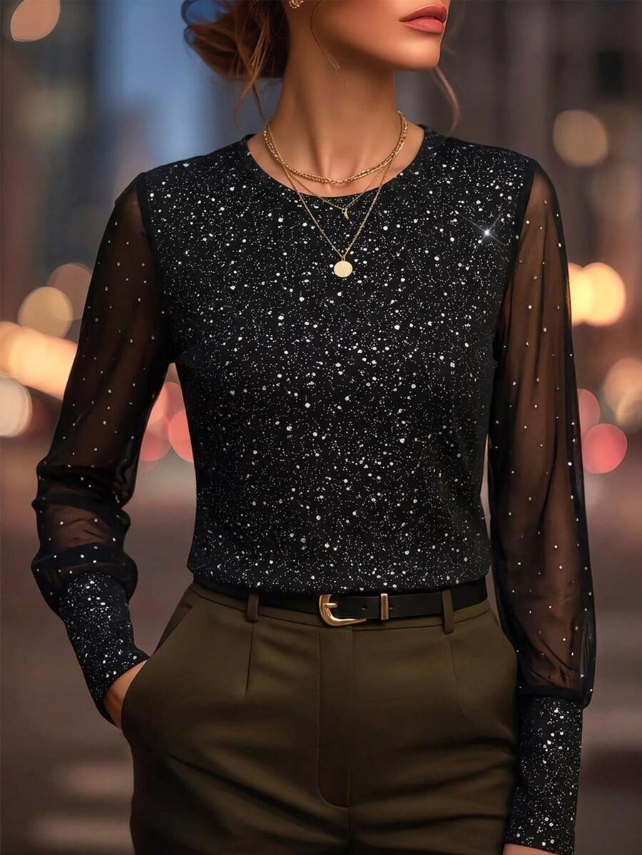 SHEIN Clasi Women's New Elegant Round Neck Black Shiny T-Shirt - Black - View 1