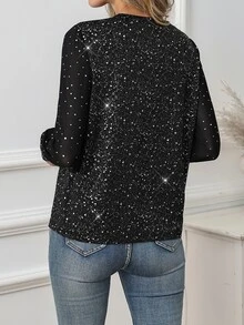SHEIN Clasi Women's New Elegant Round Neck Black Shiny T-Shirt - Black - View 2