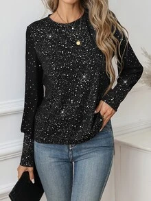 SHEIN Clasi Women's New Elegant Round Neck Black Shiny T-Shirt - Black - View 7