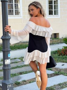 Jeta Ari Plus Size Women's Black And White Patchwork Off-Shoulder Ruffle Hem Flowy Chiffon Flare Sleeve Mini Dress,Elegant Summer Birthday Party Fitted - Multicolor - View 2