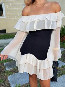 Jeta Ari Plus Size Women's Black And White Patchwork Off-Shoulder Ruffle Hem Flowy Chiffon Flare Sleeve Mini Dress,Elegant Summer Birthday Party Fitted - Multicolor - View 6