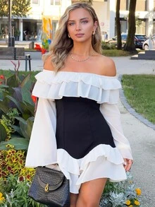 Jeta Ari Plus Size Women's Black And White Patchwork Off-Shoulder Ruffle Hem Flowy Chiffon Flare Sleeve Mini Dress,Elegant Summer Birthday Party Fitted - Multicolor - View 5