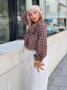 Jeta Ari 法式荷叶边格子女式衬衫 - 咖啡棕 - 查看 6