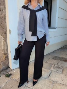 Jeta Ari 2pcs/Set Women's Striped Shawl Collar Shirt And High Waist Wide Leg Pants, Spring/Autumn - Multicolor - View 5