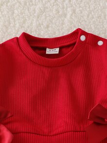 Elladie kids Baby Girls 2pcs Autumn Toddler Cute Red Ribbed Plaid Fake Two Piece Long Sleeve Ruffle Bowknot T-Shirt Top And Pants Sets Fall Clothing - Red - View 8