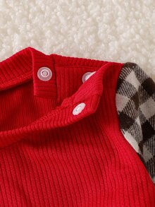 Elladie kids Baby Girls 2pcs Autumn Toddler Cute Red Ribbed Plaid Fake Two Piece Long Sleeve Ruffle Bowknot T-Shirt Top And Pants Sets Fall Clothing - Red - View 9