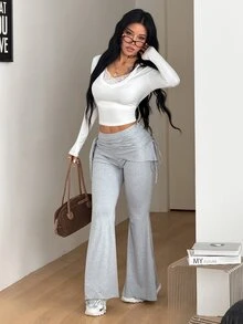 Coolane Women's Summer Streetwear Casual Holiday Vacation Daily Wear Y2k Stretchy Low Rise Grey Straps Yoga Gym Petite Bell Bottoms - Light Grey - View 2