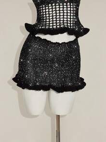 SHEIN ICON 2pcs Women's Chic Summer Black Party Night Sequin Hollow-Out Sleeveless Knit Top And Knitted Mini Skirt Set,Bling Club Sparkly Crochet Mesh 2 Pieces - Black - View 7
