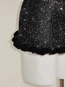 SHEIN ICON 2pcs Women's Chic Summer Black Party Night Sequin Hollow-Out Sleeveless Knit Top And Knitted Mini Skirt Set,Bling Club Sparkly Crochet Mesh 2 Pieces - Black - View 11