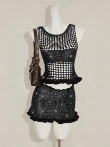 SHEIN ICON 2pcs Women's Chic Summer Black Party Night Sequin Hollow-Out Sleeveless Knit Top And Knitted Mini Skirt Set,Bling Club Sparkly Crochet Mesh 2 Pieces - Black - View 6