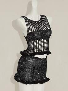 SHEIN ICON 2pcs Women's Chic Summer Black Party Night Sequin Hollow-Out Sleeveless Knit Top And Knitted Mini Skirt Set,Bling Club Sparkly Crochet Mesh 2 Pieces - Black - View 8