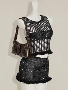 SHEIN ICON 2pcs Women's Chic Summer Black Party Night Sequin Hollow-Out Sleeveless Knit Top And Knitted Mini Skirt Set,Bling Club Sparkly Crochet Mesh 2 Pieces - Black - View 3