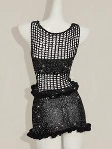 SHEIN ICON 2pcs Women's Chic Summer Black Party Night Sequin Hollow-Out Sleeveless Knit Top And Knitted Mini Skirt Set,Bling Club Sparkly Crochet Mesh 2 Pieces - Black - View 2