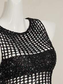 SHEIN ICON 2pcs Women's Chic Summer Black Party Night Sequin Hollow-Out Sleeveless Knit Top And Knitted Mini Skirt Set,Bling Club Sparkly Crochet Mesh 2 Pieces - Black - View 10