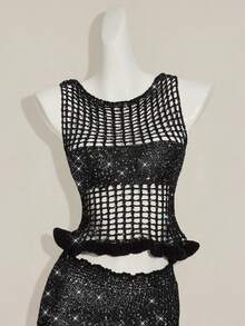 SHEIN ICON 2pcs Women's Chic Summer Black Party Night Sequin Hollow-Out Sleeveless Knit Top And Knitted Mini Skirt Set,Bling Club Sparkly Crochet Mesh 2 Pieces - Black - View 5
